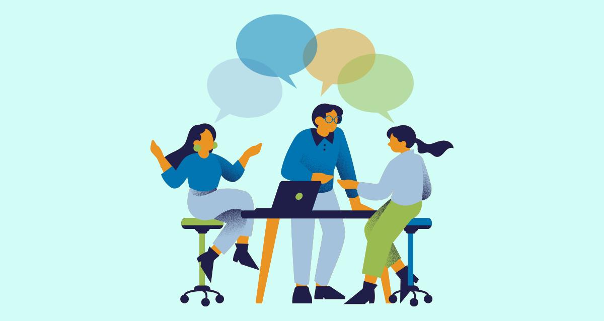 a clip art style illustration of diverse office workers gathered around a laptop having a collaborative meeting with multicolored speech bubbles overhead