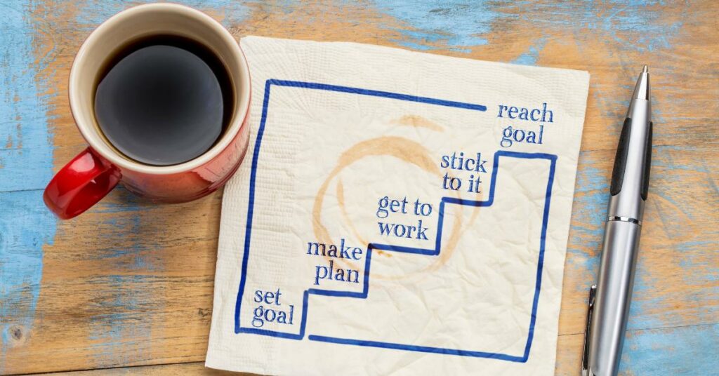 setting business goals on paper near a coffee mug