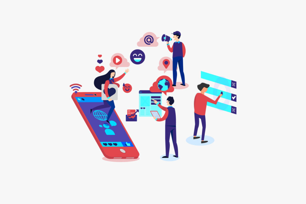 a colorful illustration of different people engaging with social media and trends