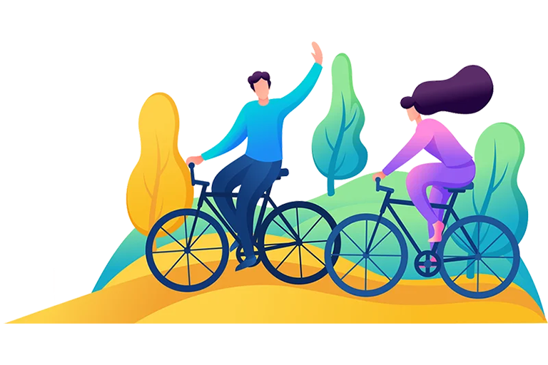 clip art style illustration of a man and woman on bicycles riding through a park