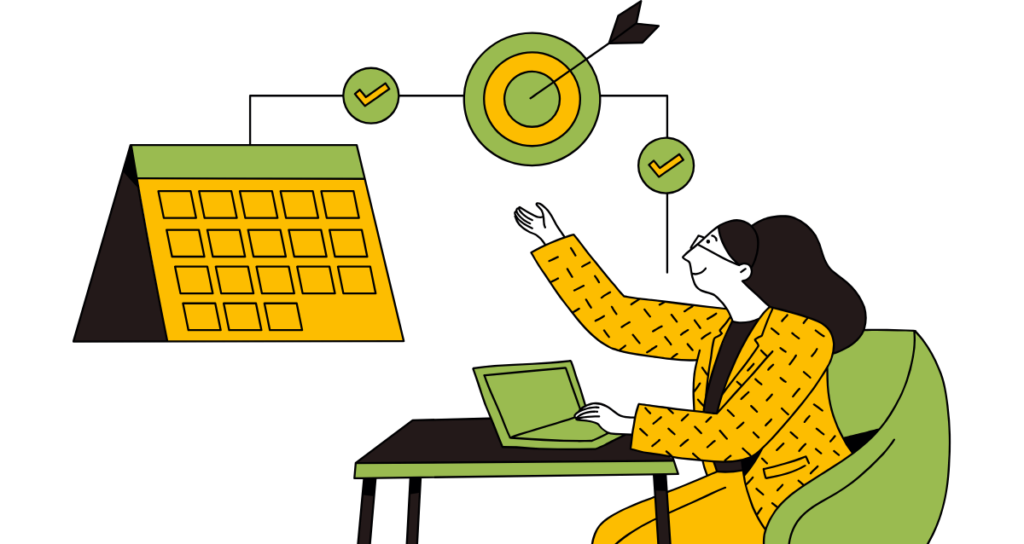 Green and orange illustration of a businesswoman looking at targets, goals, and calendar