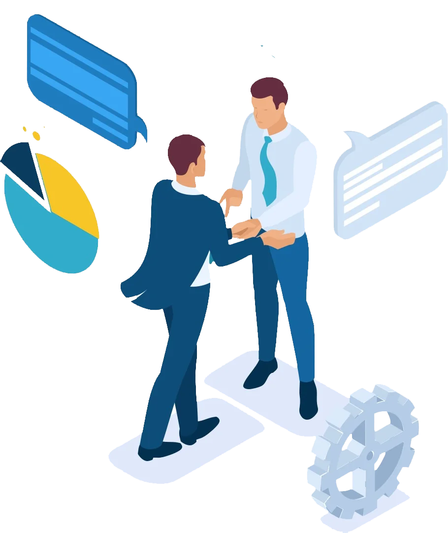 illustration of two men at work shaking hands with logistics imagery surrounding them
