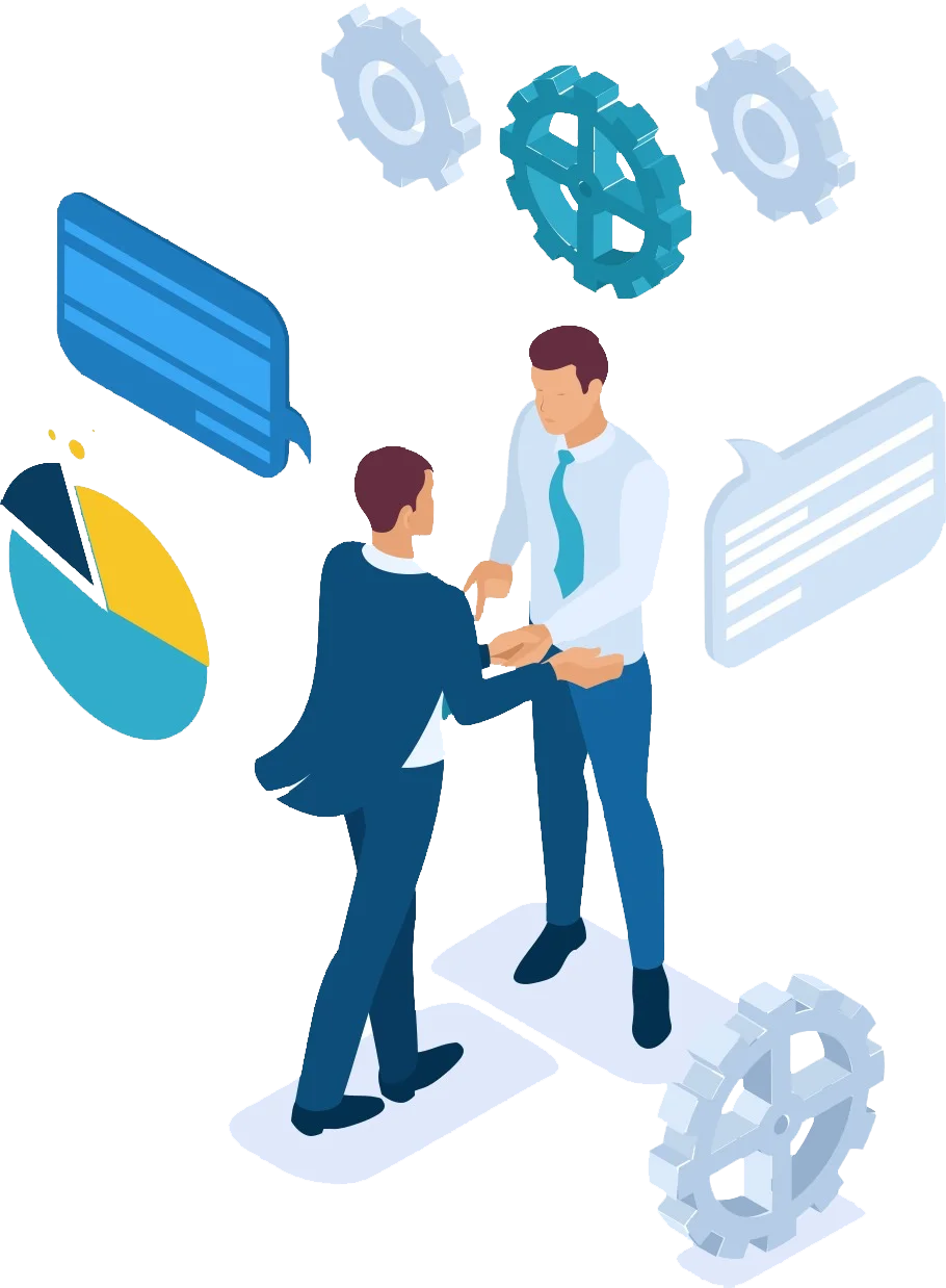 illustration of two men at work shaking hands with logistics imagery surrounding them