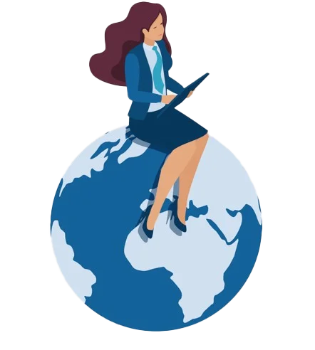 illustration of a woman at work with a laptop, sitting on a globe