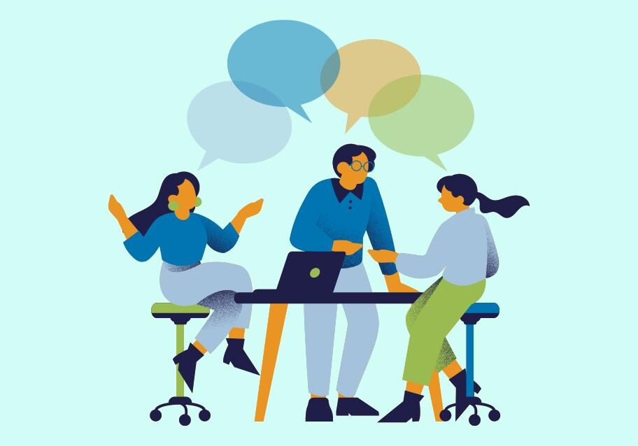 a clip art style illustration of diverse office workers gathered around a laptop having a collaborative meeting with multicolored speech bubbles overhead