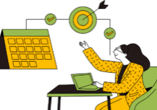 Green and orange illustration of a businesswoman looking at targets, goals, and calendar