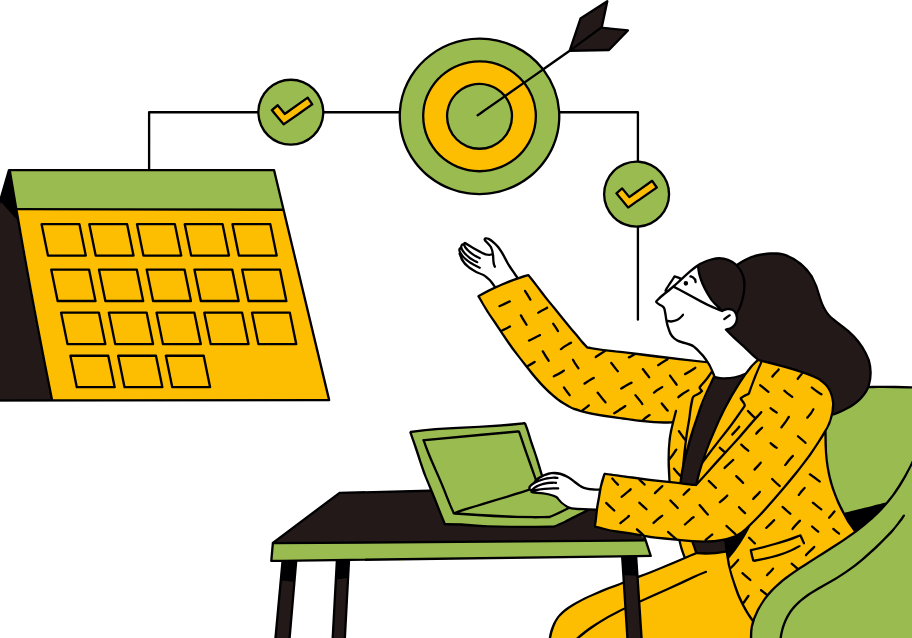 Green and orange illustration of a businesswoman looking at targets, goals, and calendar