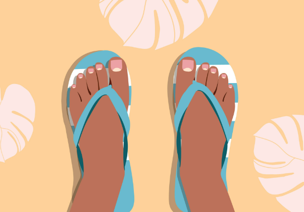 a clip art style illustration of a dark-skinned woman's feet in flip flops at the beach