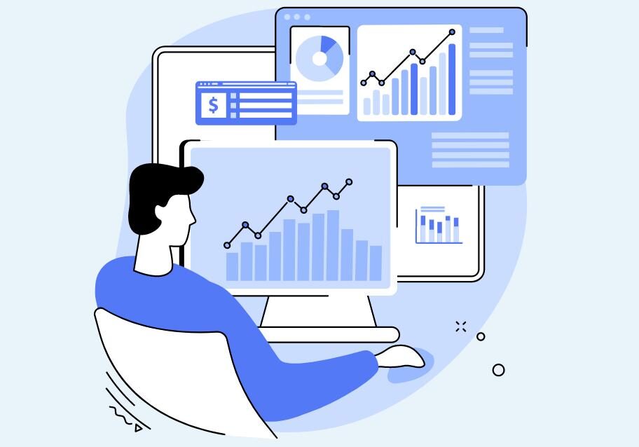 a clip art style illustration of an office worker looking at computer screens that show multiple charts with positive trend lines